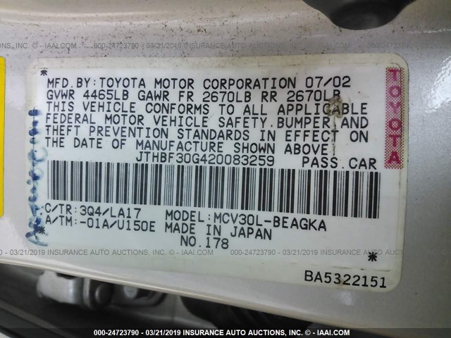 JTHBF30G420083259 - 2002 LEXUS ES 300 SILVER photo 9