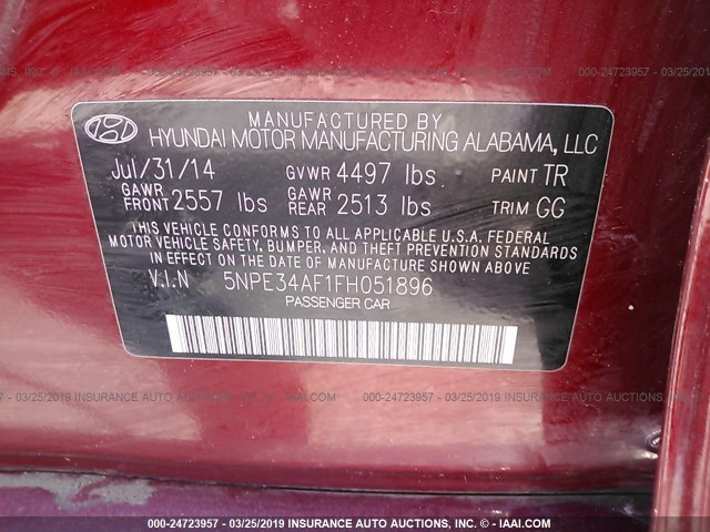 5NPE34AF1FH051896 - 2015 HYUNDAI SONATA SPORT/LIMITED RED photo 9