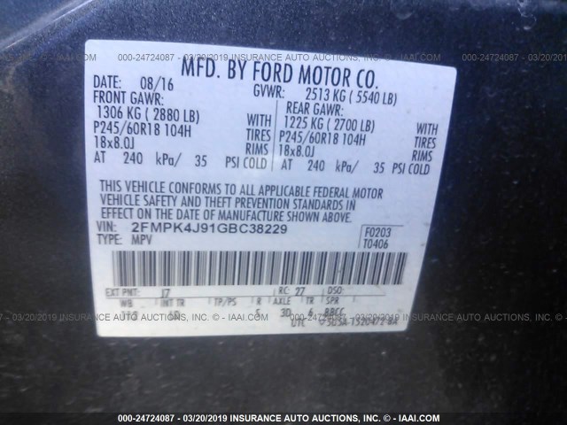 2FMPK4J91GBC38229 - 2016 FORD EDGE SEL SILVER photo 9