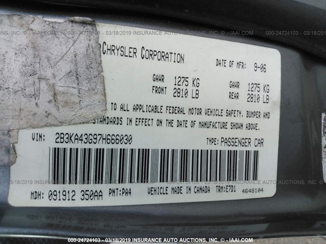 2B3KA43G97H666030 - 2007 DODGE CHARGER SE/SXT GRAY photo 9