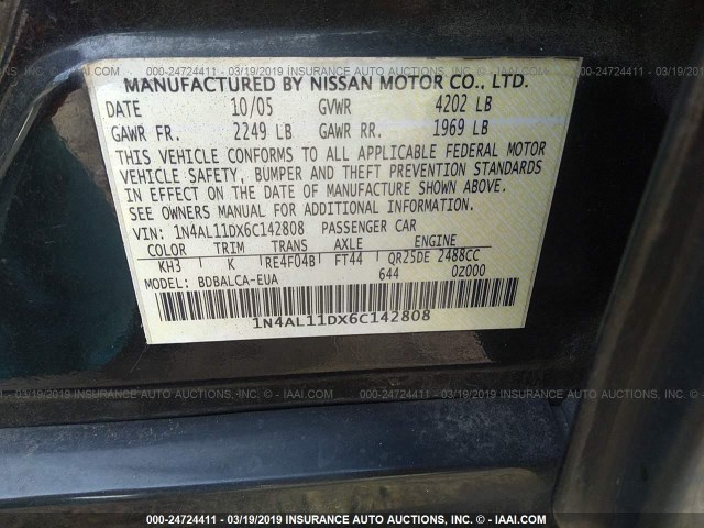 1N4AL11DX6C142808 - 2006 NISSAN ALTIMA S/SL BLACK photo 9