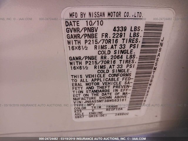 JN8AS5MT3BW563161 - 2011 NISSAN ROGUE S/SV/KROM SILVER photo 9