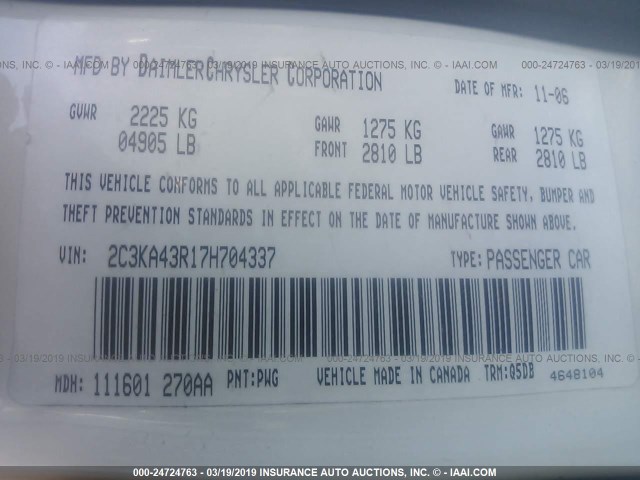 2C3KA43R17H704337 - 2007 CHRYSLER 300 WHITE photo 9