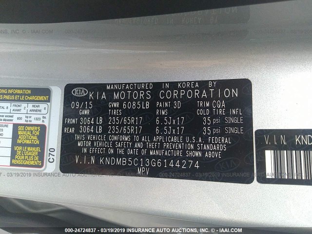 KNDMB5C13G6144274 - 2016 KIA SEDONA LX SILVER photo 9