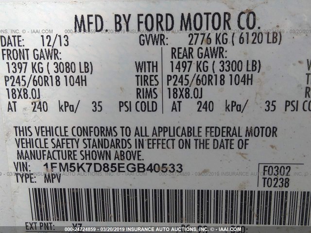 1FM5K7D85EGB40533 - 2014 FORD EXPLORER XLT WHITE photo 9