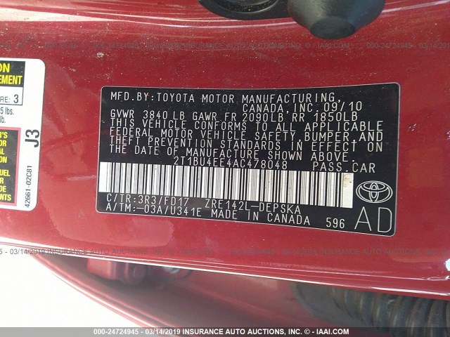 2T1BU4EE4AC478048 - 2010 TOYOTA COROLLA S/LE/XLE RED photo 9