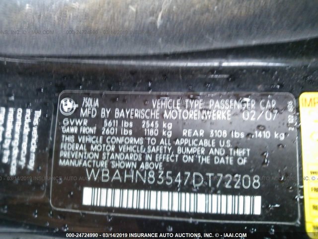 WBAHN83547DT72208 - 2007 BMW 750 BLACK photo 9