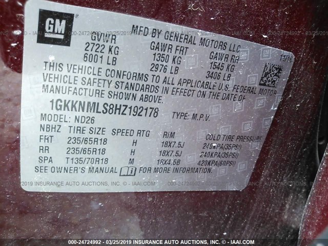 1GKKNMLS8HZ192178 - 2017 GMC ACADIA MAROON photo 9