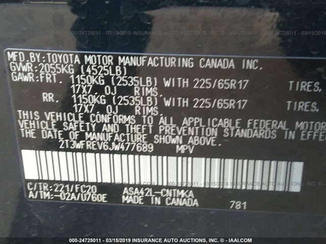 2T3WFREV6JW477689 - 2018 TOYOTA RAV4 ADVENTURE/XLE Dark Blue photo 9