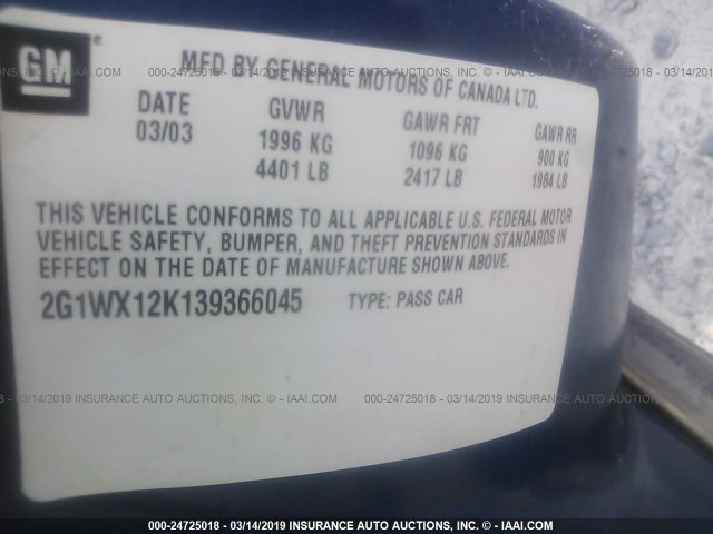 2G1WX12K139366045 - 2003 CHEVROLET MONTE CARLO SS ლურჯი ფოტო 9