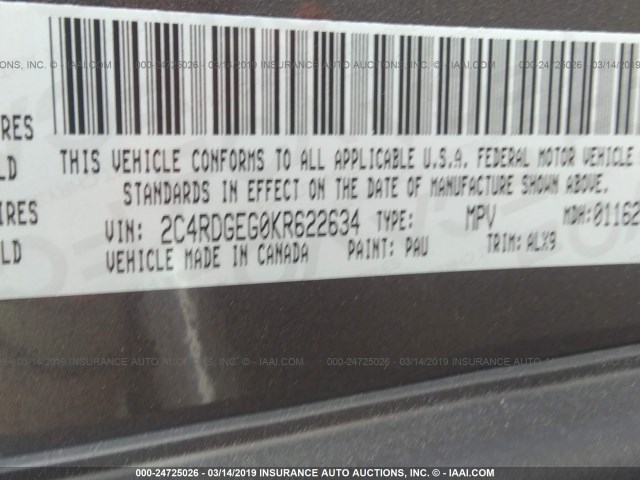 2C4RDGEG0KR622634 - 2019 DODGE GRAND CARAVAN  GRAY photo 9