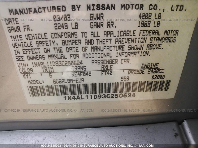 1N4AL11D93C250624 - 2003 NISSAN ALTIMA S/SL SILVER photo 9