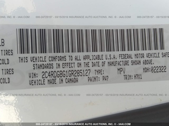 2C4RDGBG1GR285127 - 2016 DODGE GRAND CARAVAN SE WHITE photo 9