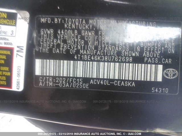 4T1BE46K38U762698 - 2008 TOYOTA CAMRY CE/LE/XLE/SE BLACK photo 9