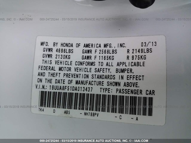 19UUA8F51DA013437 - 2013 ACURA TL TECH WHITE photo 9