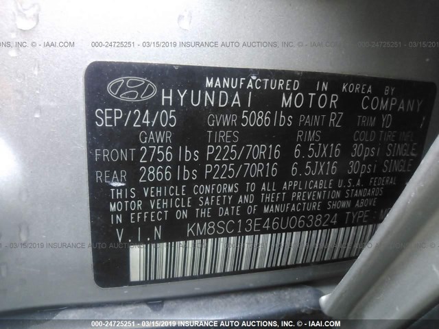 KM8SC13E46U063824 - 2006 HYUNDAI SANTA FE GLS/LIMITED SILVER photo 9