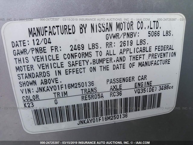 JNKAY01F16M250136 - 2006 INFINITI M35 SPORT SILVER photo 9