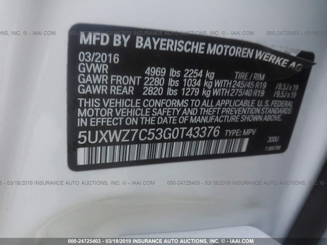 5UXWZ7C53G0T43376 - 2016 BMW X3 SDRIVE28I WHITE photo 9