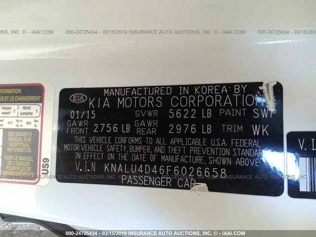 KNALU4D46F6026658 - 2015 KIA K900 WHITE photo 9