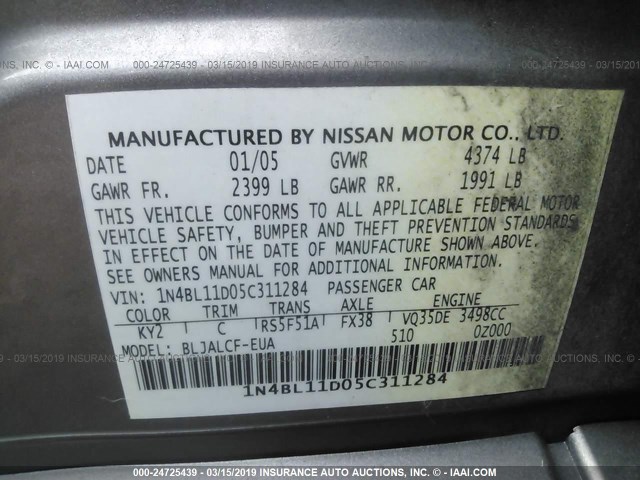 1N4BL11D05C311284 - 2005 NISSAN ALTIMA SE/SL/SE-R TAN photo 9