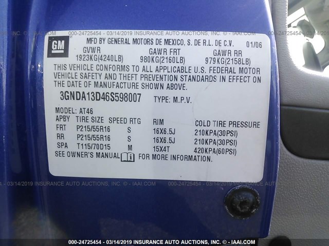 3GNDA13D46S598007 - 2006 CHEVROLET HHR LS Көк фото 9