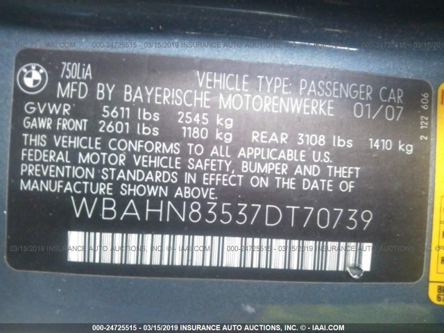 WBAHN83537DT70739 - 2007 BMW 750 BLUE photo 9