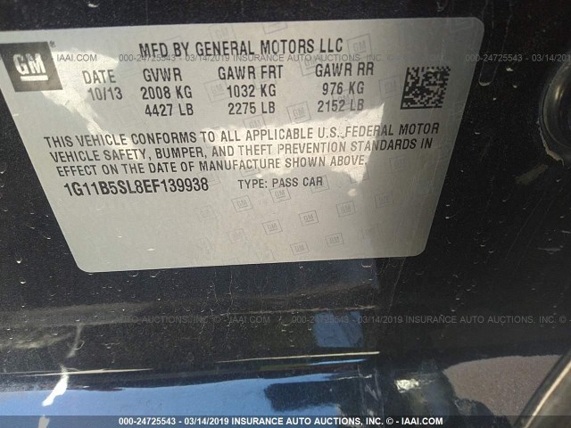 1G11B5SL8EF139938 - 2014 CHEVROLET MALIBU LS შავი ფოტო 9