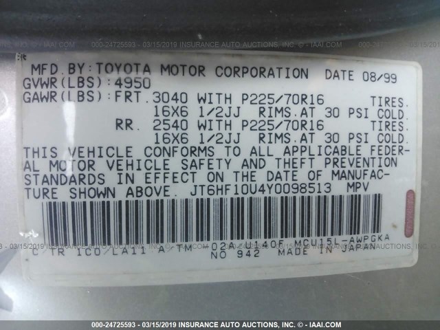 JT6HF10U4Y0098513 - 2000 LEXUS RX 300 SILVER photo 9