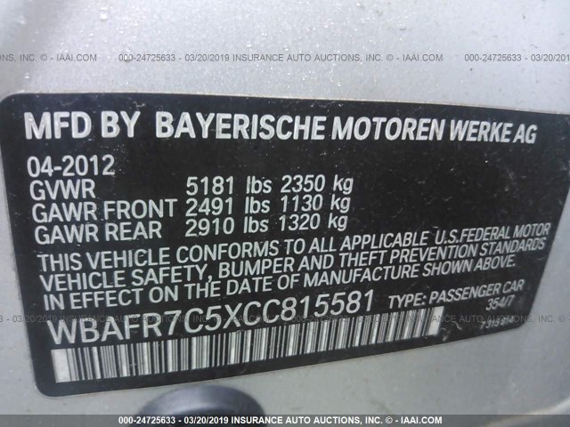 WBAFR7C5XCC815581 - 2012 BMW 535 I GRAY photo 9