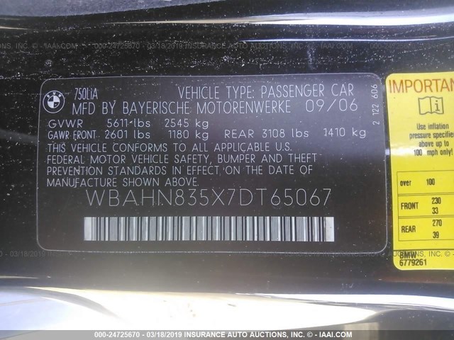 WBAHN835X7DT65067 - 2007 BMW 750 BLACK photo 9