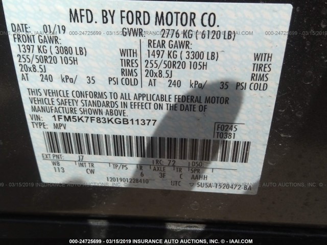 1FM5K7F83KGB11377 - 2019 FORD EXPLORER LIMITED GRAY photo 9