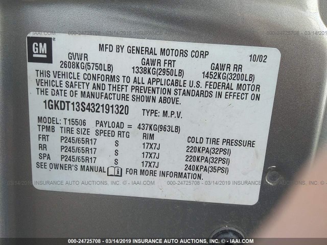 1GKDT13S432191320 - 2003 GMC ENVOY GOLD photo 9