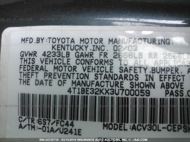4T1BE32KX3U700059 - 2003 TOYOTA CAMRY LE/XLE/SE GREEN photo 9