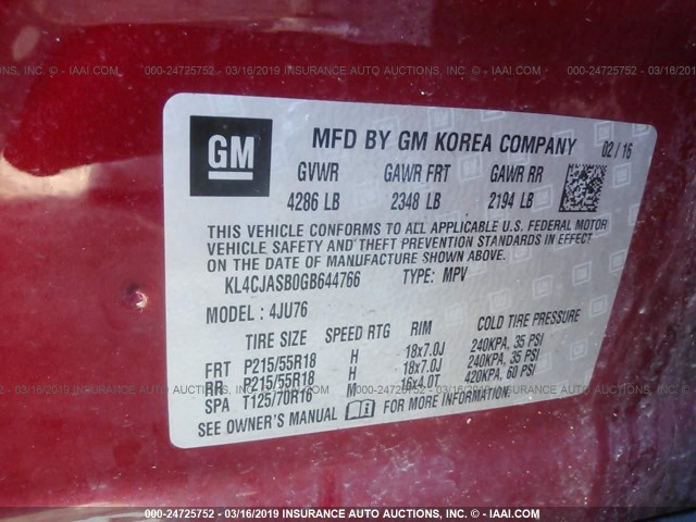 KL4CJASB0GB644766 - 2016 BUICK ENCORE RED photo 9