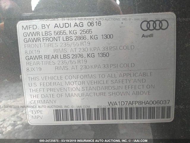 WA1D7AFP8HA006037 - 2017 AUDI Q5 PREMIUM PLUS S-LINE GRAY photo 9