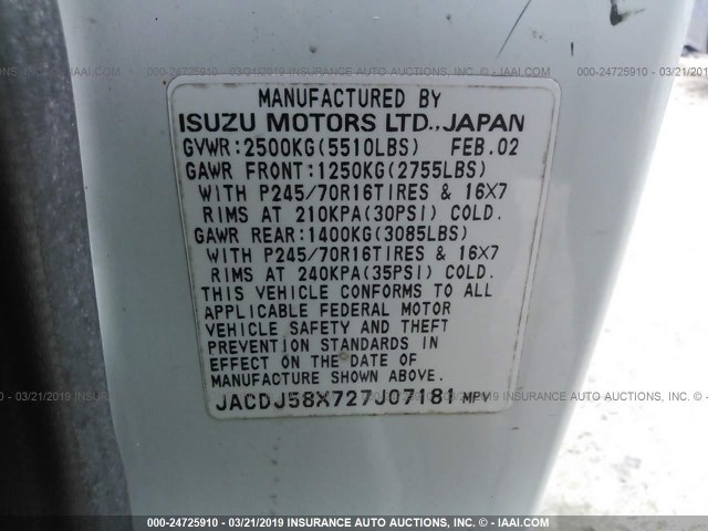 JACDJ58X727J07181 - 2002 ISUZU TROOPER S/LS/LIMITED WHITE photo 9