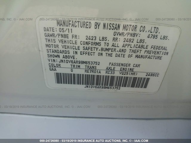 JN1DV6AR9BM653752 - 2011 INFINITI G25 WHITE photo 9