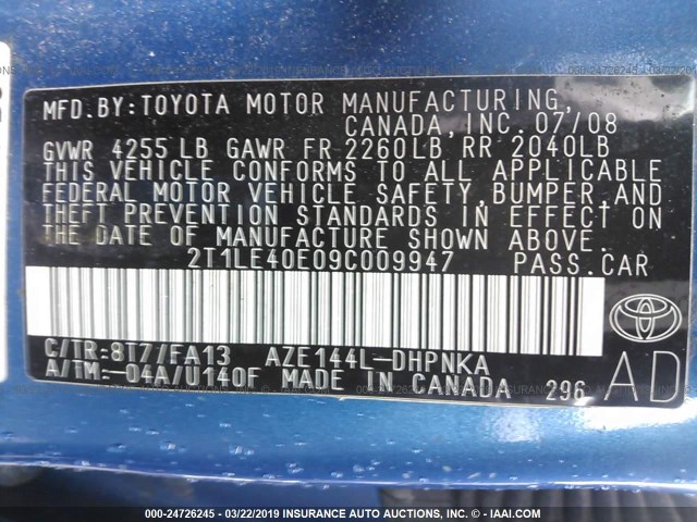 2T1LE40E09C009947 - 2009 TOYOTA COROLLA MATRIX S BLUE photo 9