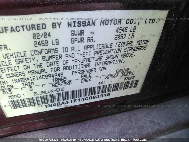 1N4BA41E14C894348 - 2004 NISSAN MAXIMA SE/SL MAROON photo 9