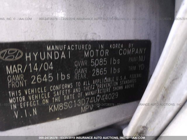 KM8SC13D74U744029 - 2004 HYUNDAI SANTA FE GLS/LX WHITE photo 9