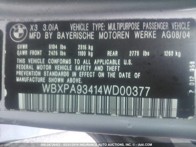 WBXPA93414WD00377 - 2004 BMW X3 3.0I SILVER photo 9