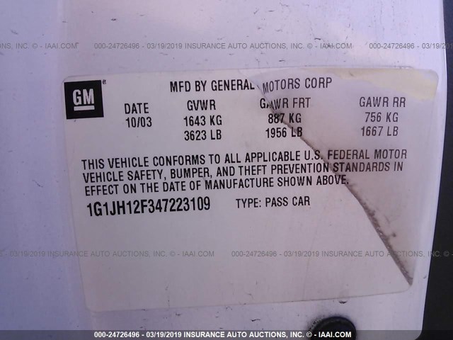 1G1JH12F347223109 - 2004 CHEVROLET CAVALIER LS SPORT WHITE photo 9