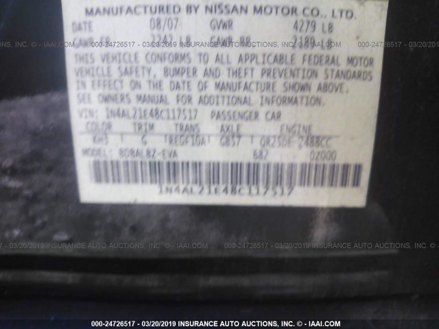 1N4AL21E48C117517 - 2008 NISSAN ALTIMA 2.5/2.5S BLACK photo 9