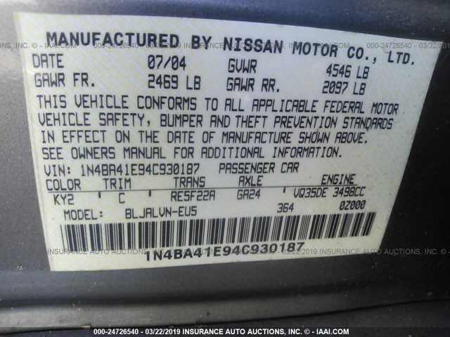 1N4BA41E94C930187 - 2004 NISSAN MAXIMA SE/SL GOLD photo 9