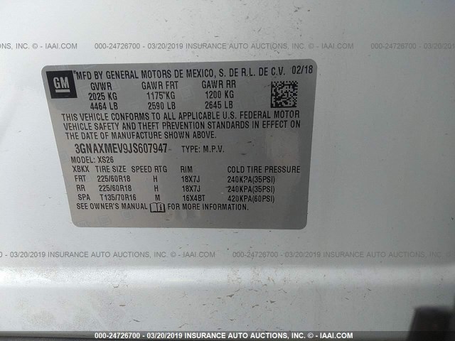 3GNAXMEV9JS607947 - 2018 CHEVROLET EQUINOX PREMIER WHITE photo 9