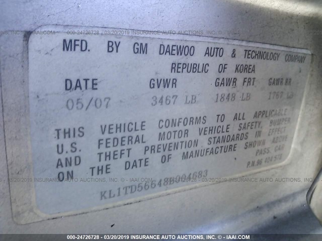 KL1TD56648B004683 - 2008 CHEVROLET AVEO LS SILVER photo 9