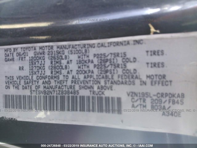 5TESN92N71Z838485 - 2001 TOYOTA TACOMA XTRACAB PRERUNNER შავი ფოტო 9