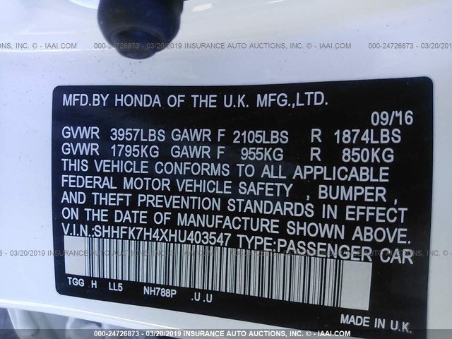 SHHFK7H4XHU403547 - 2017 HONDA CIVIC SPORT WHITE photo 9