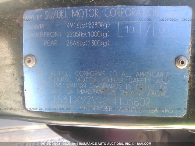 JS3TX92VX14103802 - 2001 SUZUKI GRAND VITARA XL7 TOURING/XL7 LIMITED GREEN photo 9