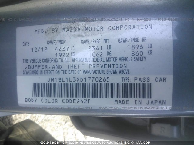 JM1BL1L3XD1770265 - 2013 MAZDA SPEED 3 SILVER photo 9